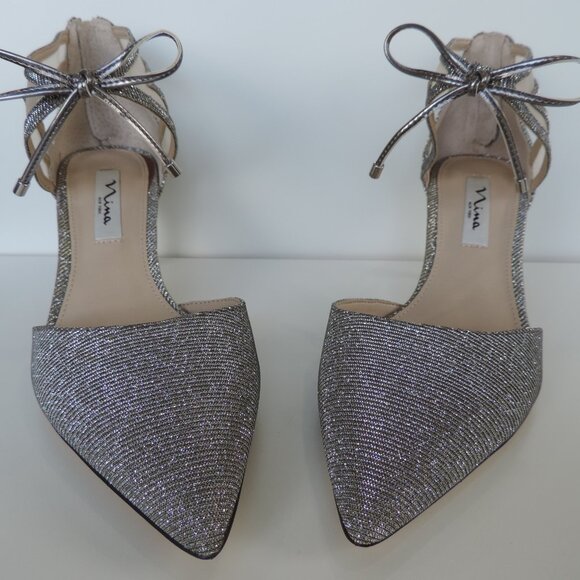 Nina for J. Crew Silver Glitter D’Orsay Bow 2.5’ Kitten Cocktail Hill Size 8.5 - Picture 2 of 6